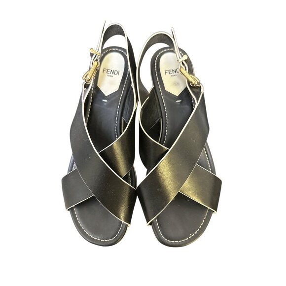 Fendi Black Leather Platform Sandals w/Gold accents Size 7.5 - Picture 2 of 8